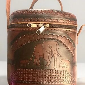 Vintage Hand Tooled Leather Purse With Elephant Family Design Classic BOHO Style